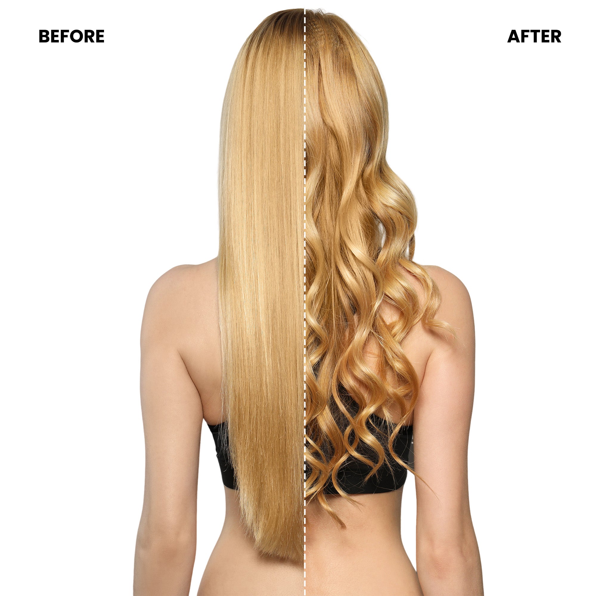 Before and after hair transformation using Vividreamore 2-in-1 Straightener and Curler, showing smooth, shiny, frizz-free results on natural curly hair after styling with ionic ceramic tech.