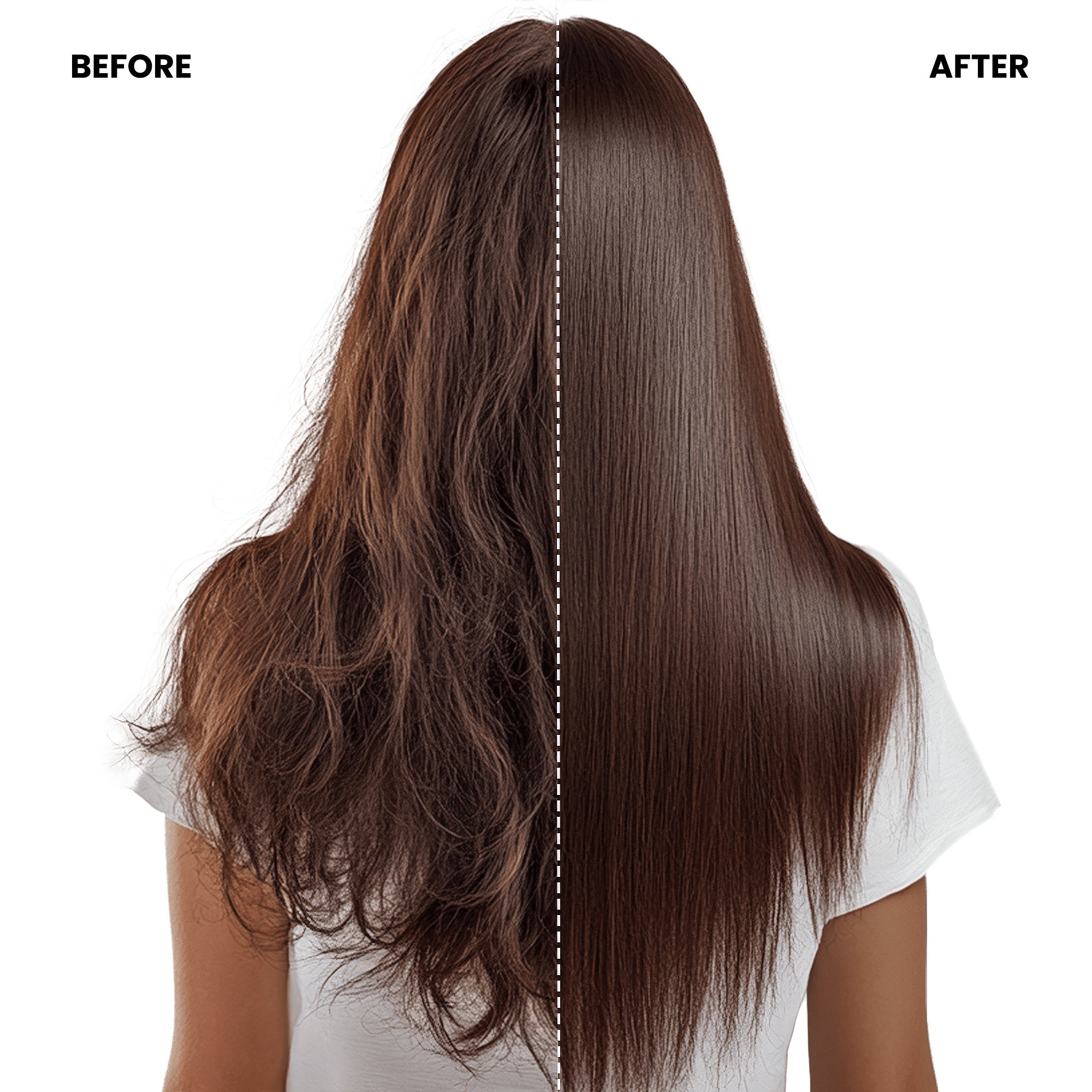 Before and after hair transformation using Vividreamore 2-in-1 Straightener and Curler, showing smooth, shiny, frizz-free results on natural curly hair after styling with ionic ceramic tech.
