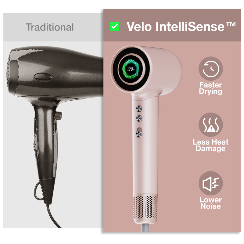 Side-by-side comparison of traditional dryer and Vividreamore Velo IntelliSense hair dryer, highlighting faster drying, less heat damage, and quieter use.