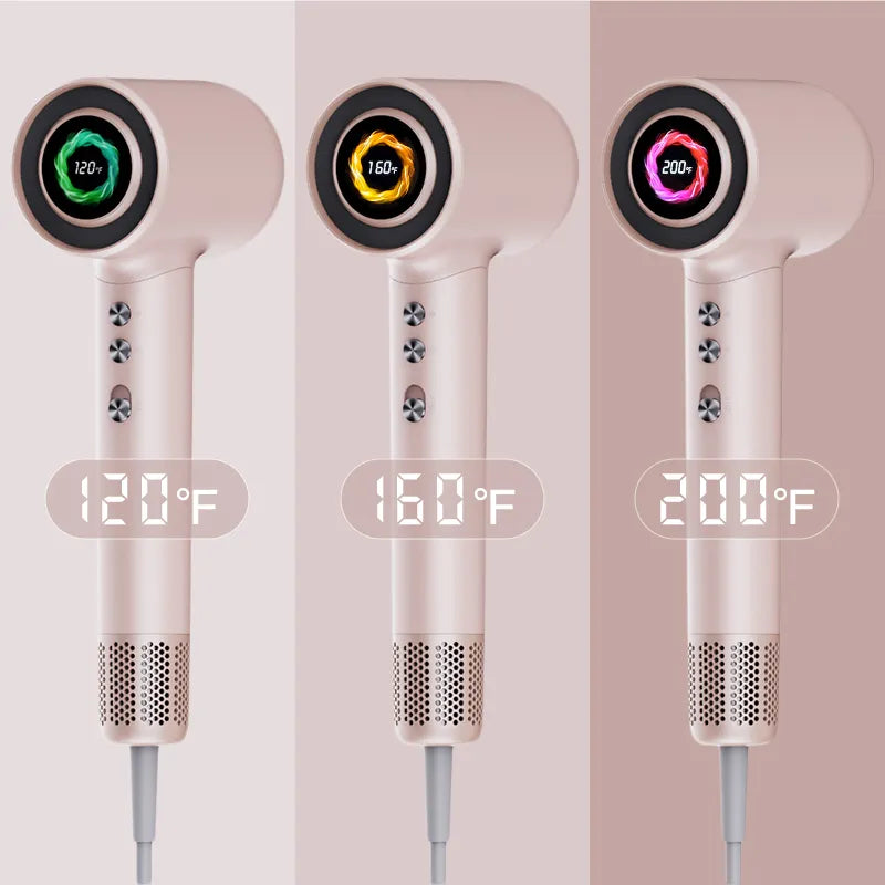 Vividreamore Velo IntelliSense hair dryer with digital display showing three precise heat settings – 120°F, 160°F, and 200°F for customized styling.