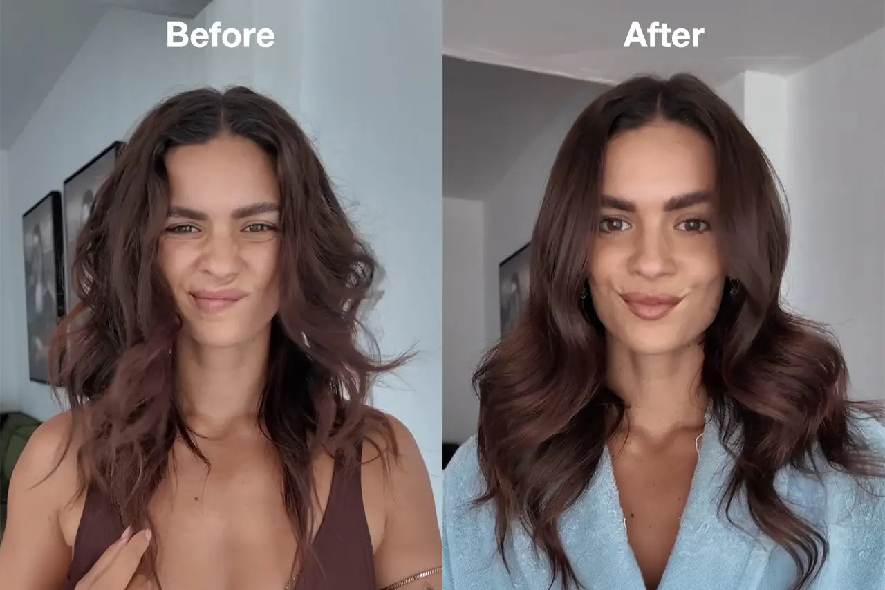 Before and after results: frizz and dryness with traditional dryer vs smooth shiny finish using Vividreamore Velo Essential ionic curly hair dryer with round brush.