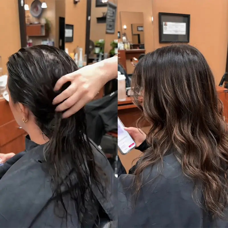 Before and after styling transformation using Vividreamore Velo IntelliSense hair dryer, delivering smooth, salon-quality results at home.