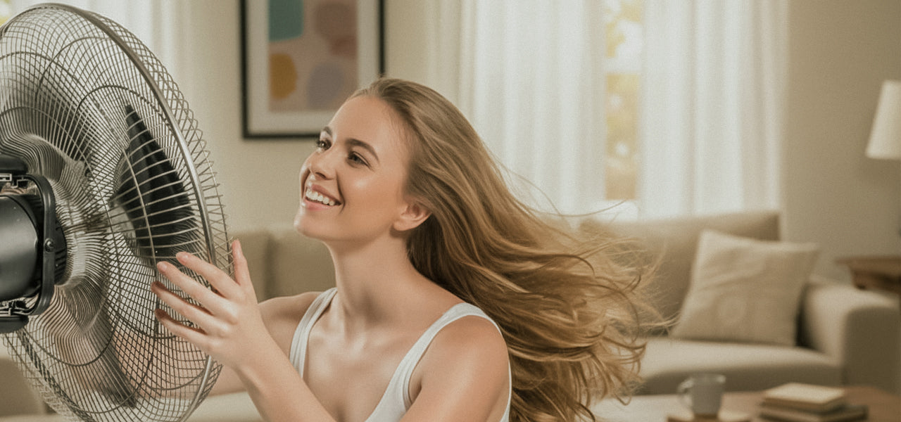 Woman using a fan to dry hair at home as an alternative to the Vividreamore Velo IntelliSense ionic titanium travel hair dryer with high air volume styling