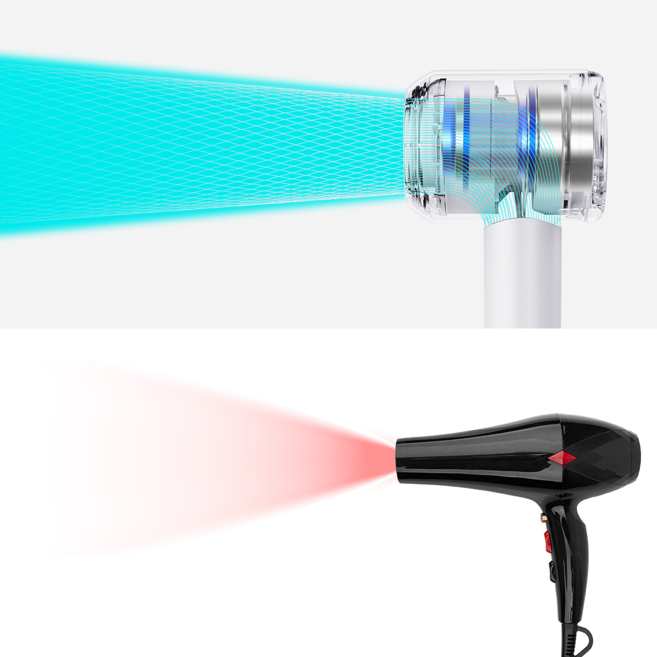 Vividreamore Velo Essential high-speed brushless hair dryer vs traditional dryer, airflow power comparison showing ultra fast drying up to 140,000 RPM
