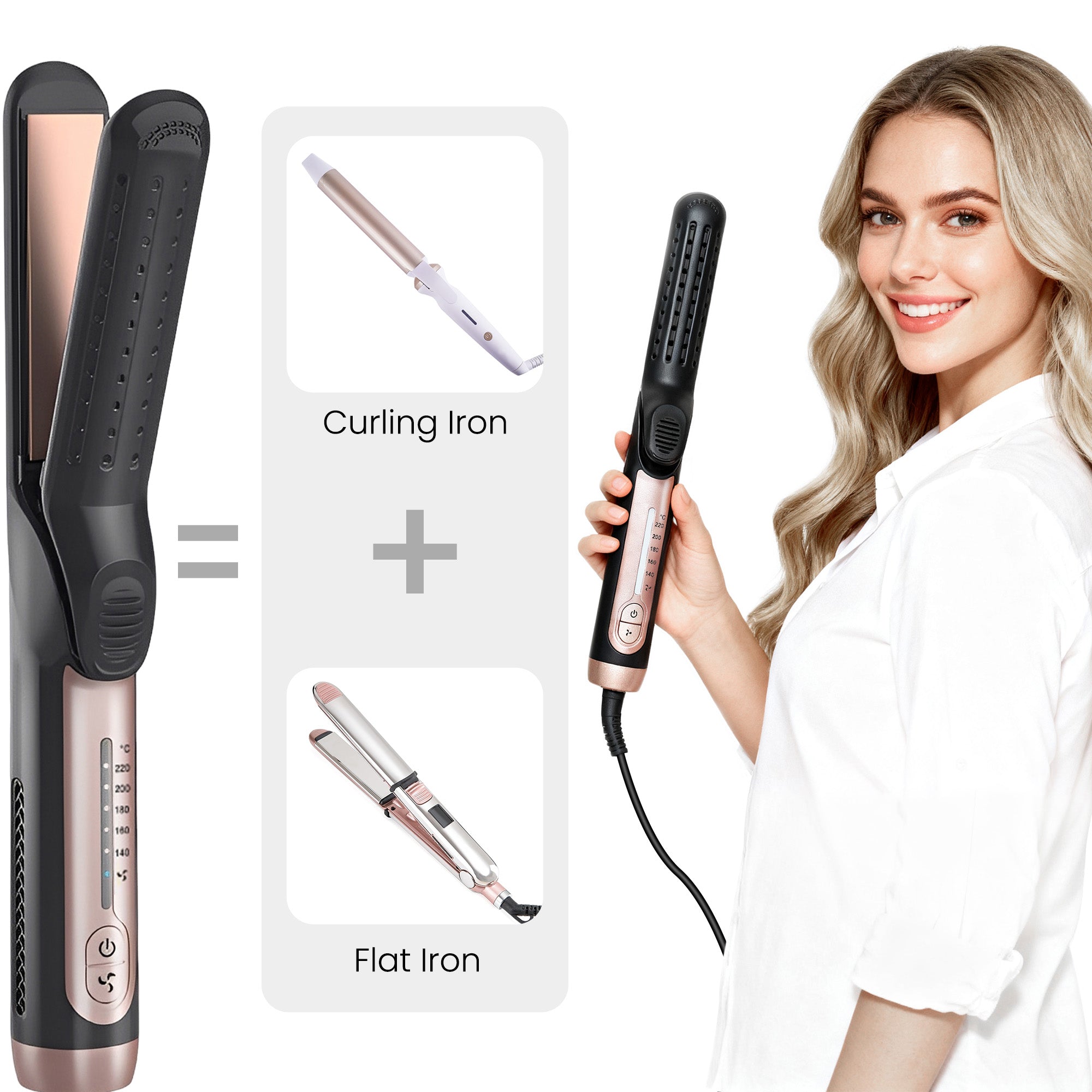 Vividreamore 2-in-1 Straightener and Curler showing dual styling function for straight and curly hair, lightweight design with ionic ceramic technology and cool air protection.