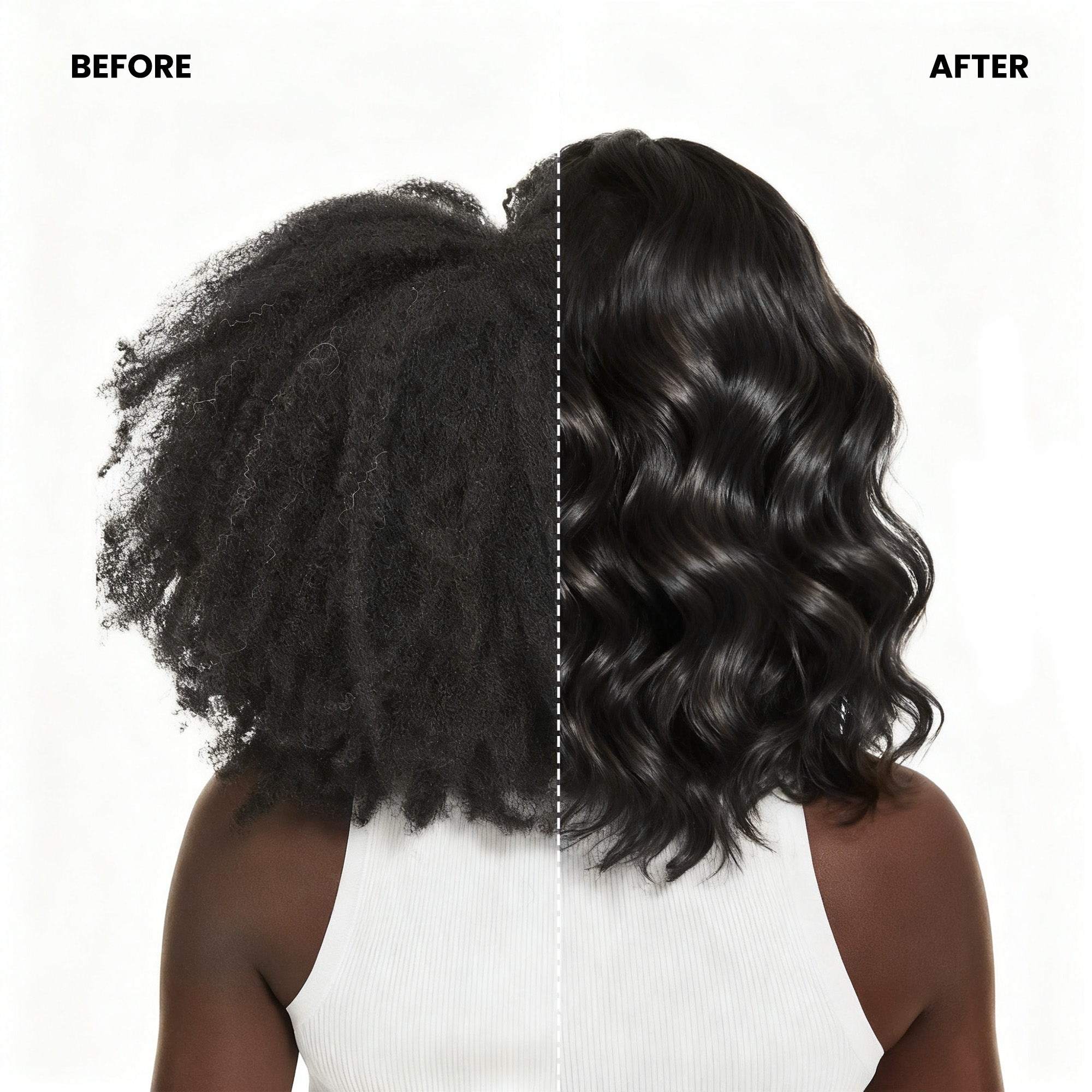 Before and after hair transformation using Vividreamore 2-in-1 Straightener and Curler, showing smooth, shiny, frizz-free results on natural curly hair after styling with ionic ceramic tech.