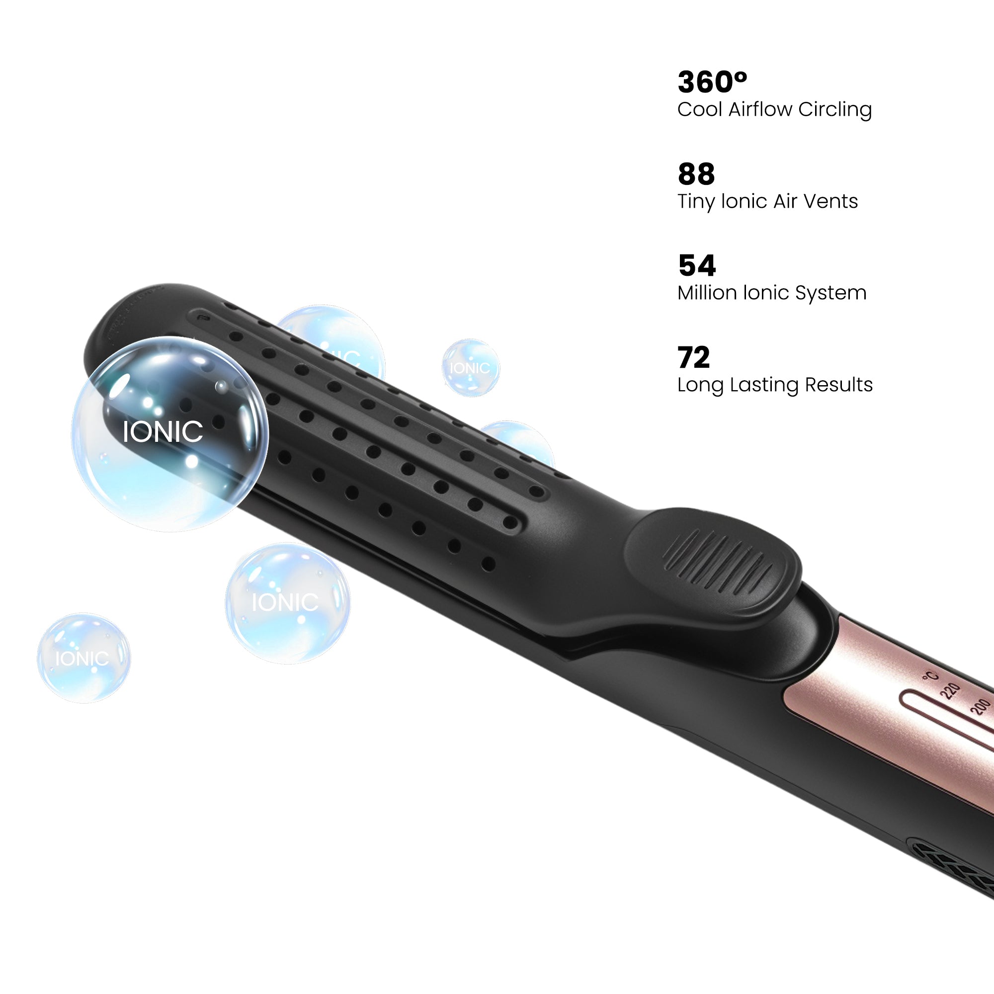 Close-up of Vividreamore 2-in-1 Straightener and Curler with 360-degree cool airflow circling and ionic air vents to lock in shine and protect hair from heat damage.