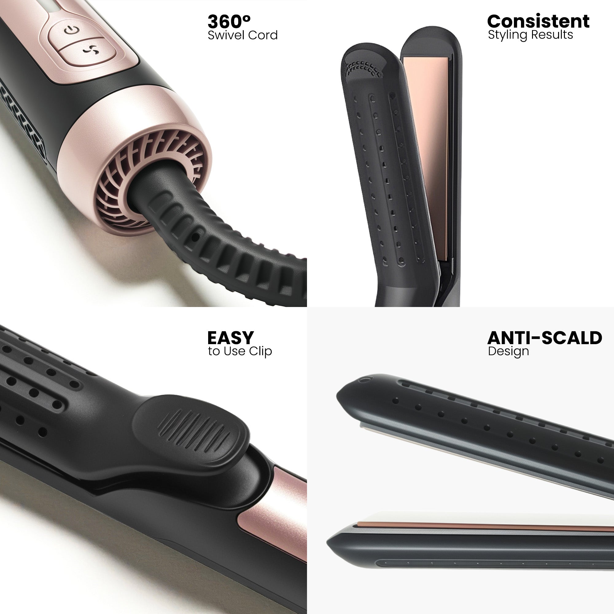 Vividreamore 2-in-1 Straightener and Curler features close-up — 360° swivel cord, anti-scald design, easy clip control, and consistent styling results for safe use.