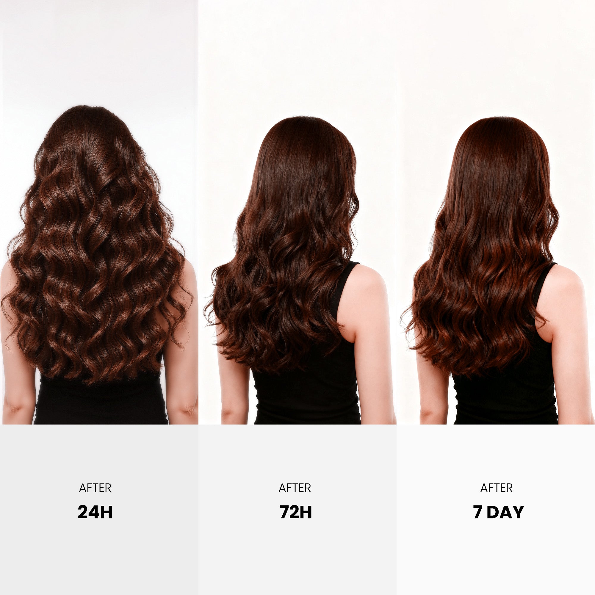 Long-lasting curl results after 24 hours, 72 hours, and 7 days using Vividreamore 2-in-1 Straightener and Curler with ionic cool air styling technology.