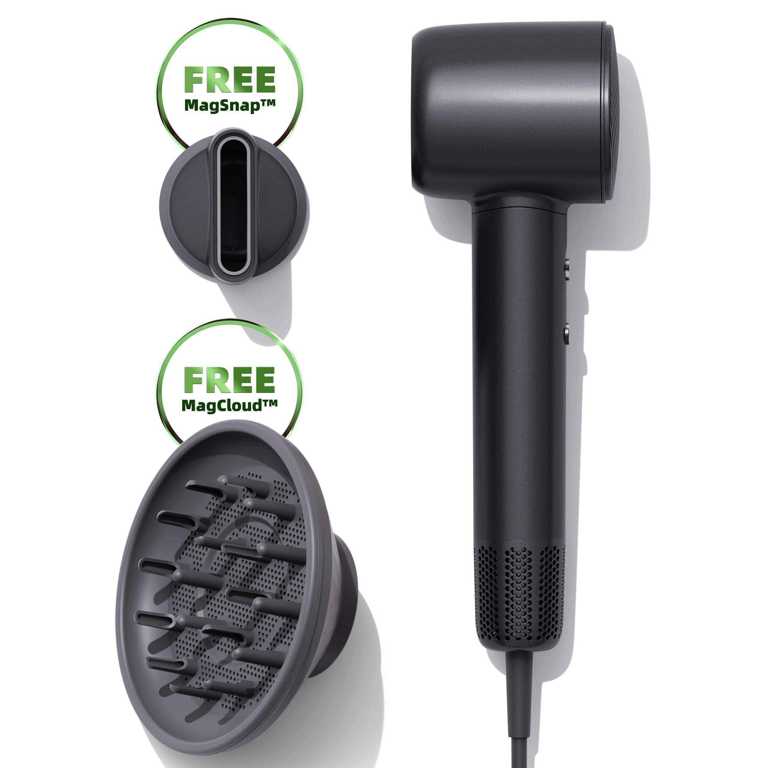 Black hair dryer with attachments on a white background, featuring 'Free MagSnap' and 'Free MagCloud' labels.
