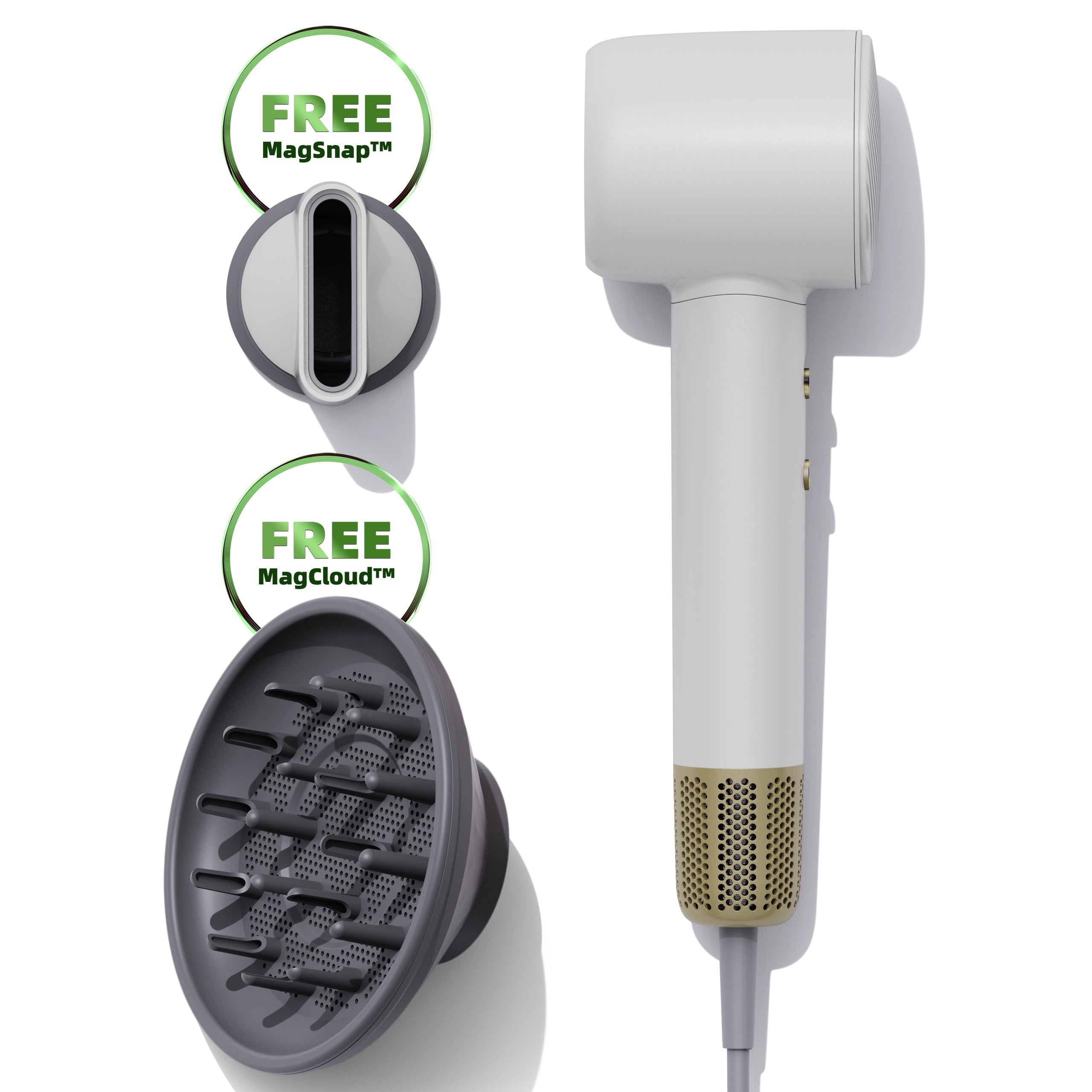 White hair dryer Vividreamore Velo Lite with attachments and 'Free MagSnap' and 'Free MagCloud' labels on a white background