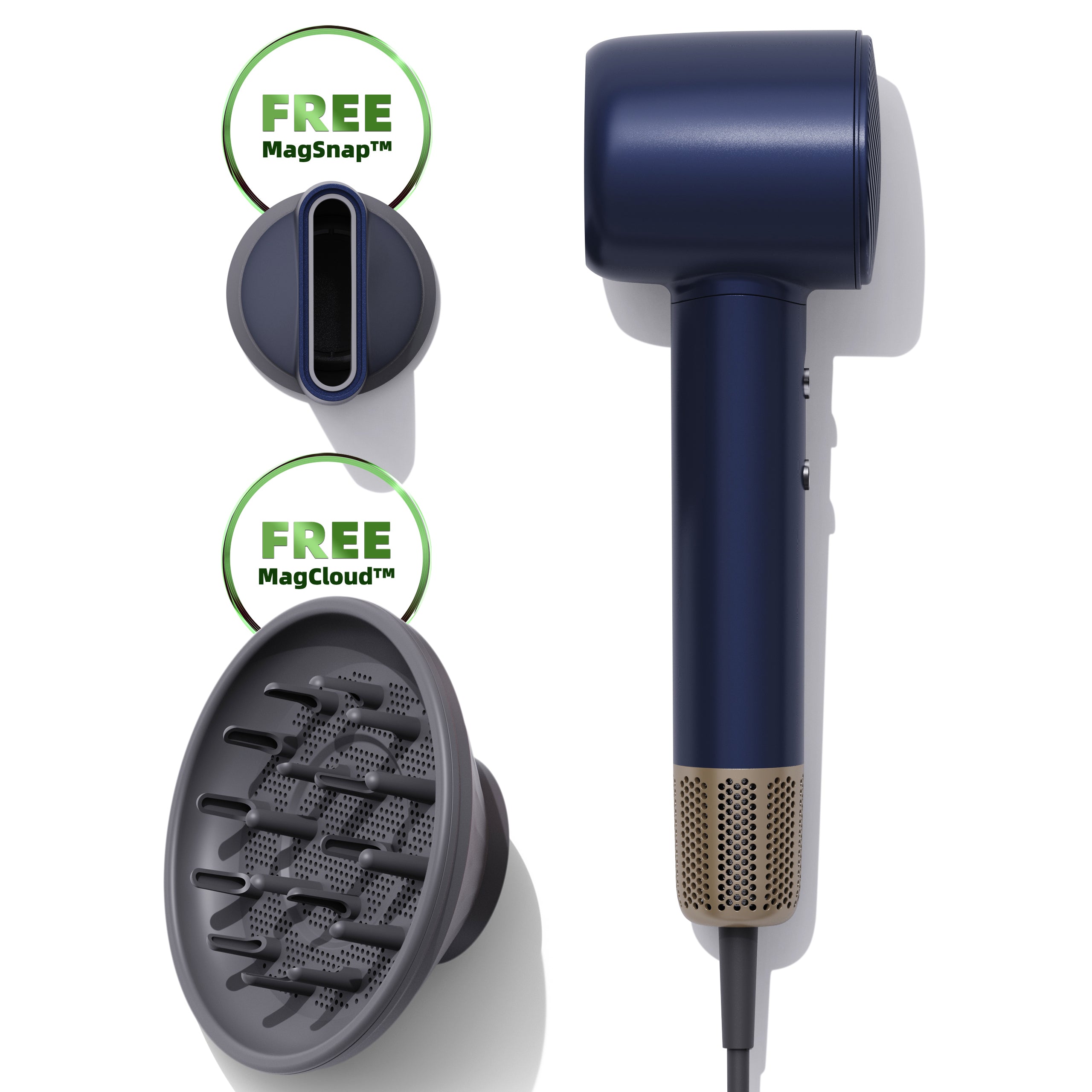 Navy Blue hair dryer with attachments on a white background, featuring 'Free MagSnap' and 'Free MagCloud' labels.
