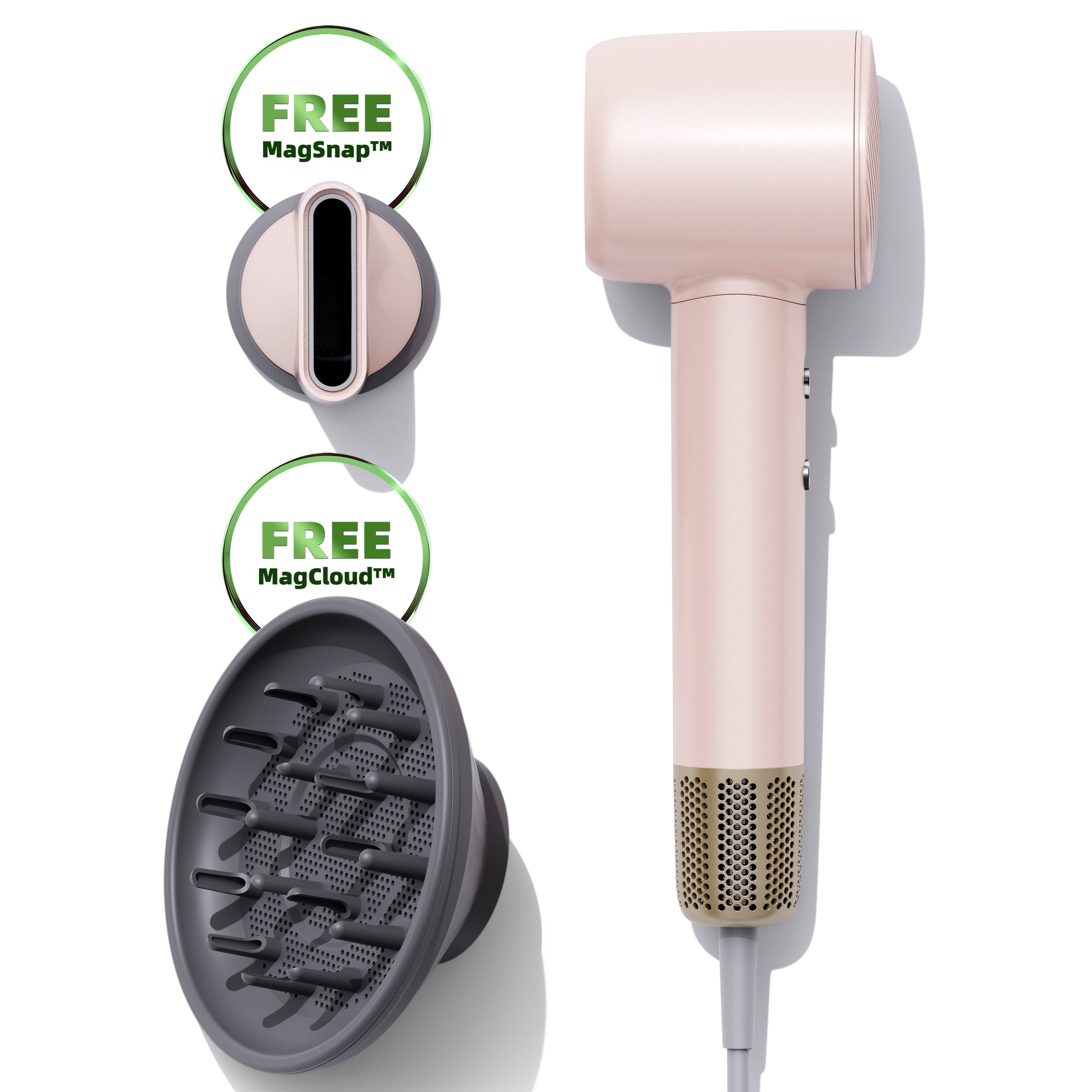 Vividreamore Velo Lite Ionic hair dryer pink color with attachments(Free Magnetic diffuser and concentrator nozzles) on a white background, featuring 'Free MagSnap' and 'Free MagCloud' labels.