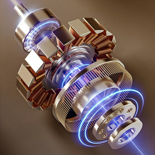 3D motor rendering of Vividreamore Velo Essential high-speed brushless motor spinning 140,000 RPM, delivering high air volume and faster drying for curly hair.