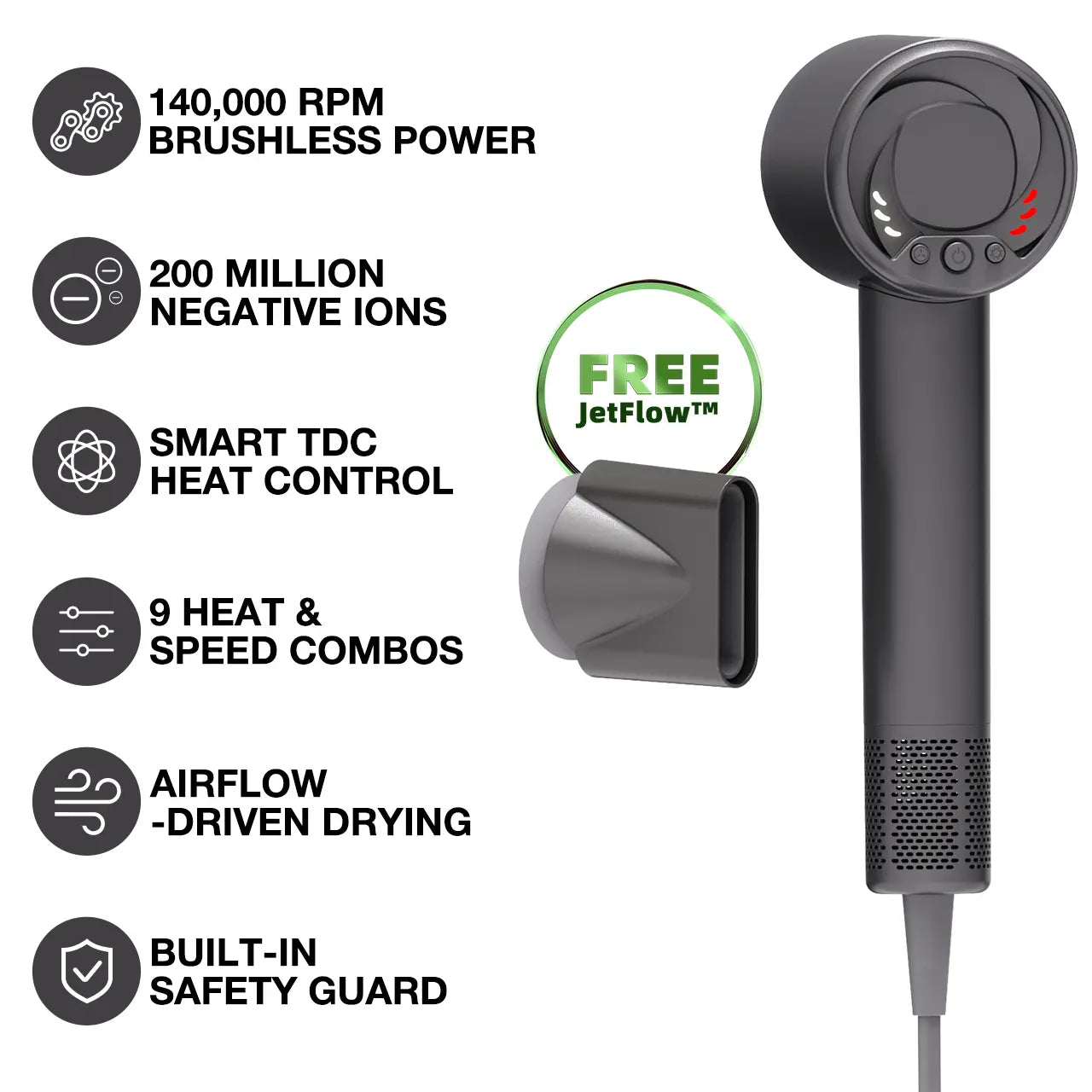 Vividreamore Velo Essential hair dryer key features summary, including 140,000 RPM brushless motor, 200 million negative ions, smart TDC heat control, 9 heat and speed combinations, airflow-driven drying, built-in ALCI safety guard, and free JetFlow nozzleVividreamore Velo Essential hair dryer key features summary, including 140,000 RPM brushless motor, 200 million negative ions, smart TDC heat control, 9 heat and speed combinations, airflow-driven drying, built-in ALCI safety guard, and free JetFlow nozzle