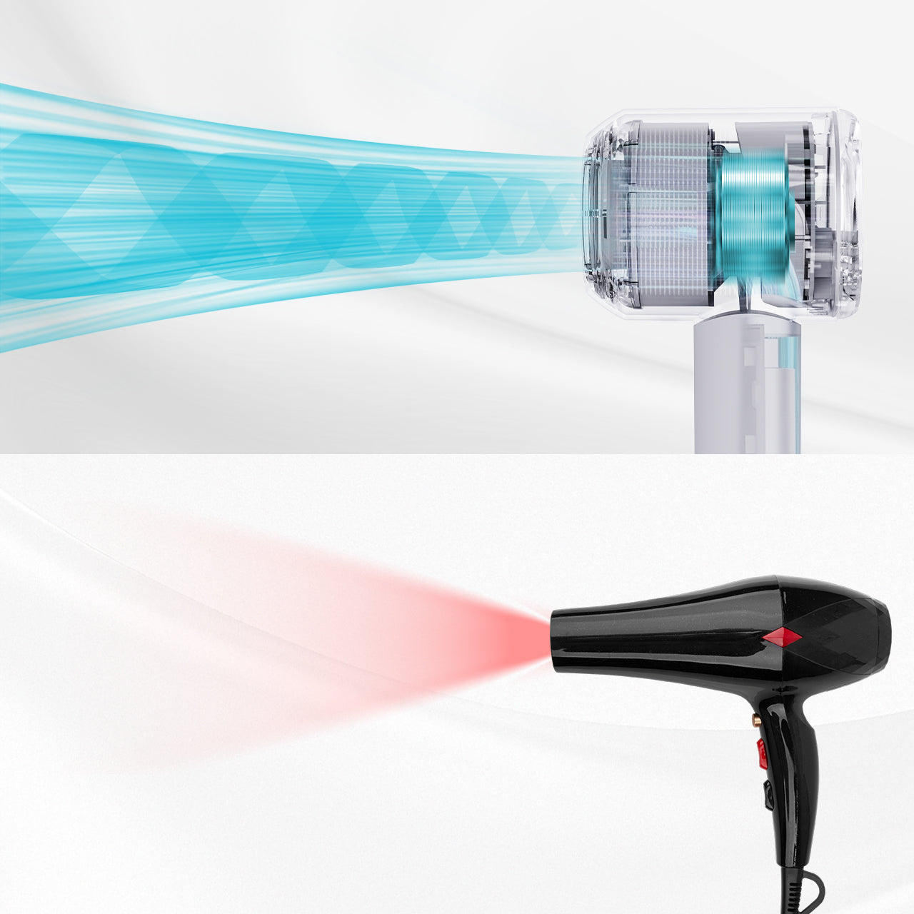 Close-up of Vividreamore smart chip technology with airflow performance chart comparing stronger 3-5x airflow vs conventional hair dryers, reducing heat time and delivering smoother results.