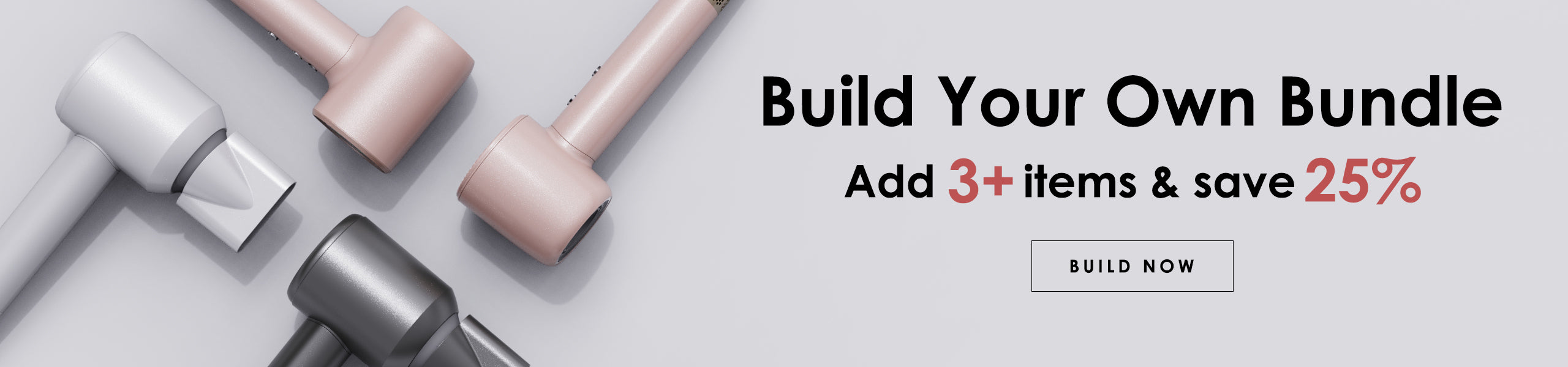 Vividreamore hair dryer bundle promotion banner featuring multiple colors of Velo series dryers, Build Your Own Bundle offer with 25% off when adding 3 or more items, with Build Now button