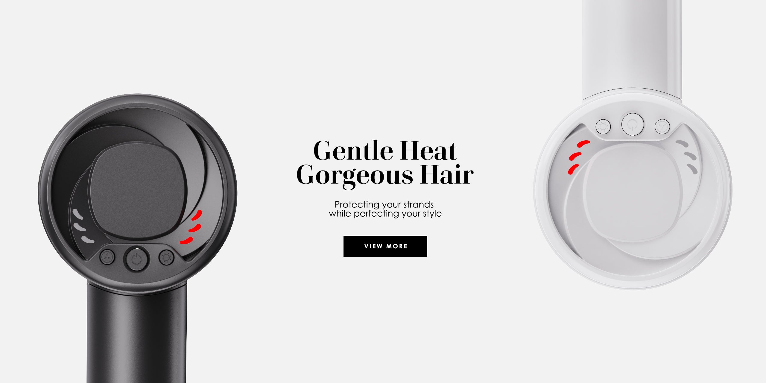 Close-up of Vividreamore Velo Essential hair dryer controls in black and white models, desktop banner with Gentle Heat Gorgeous Hair tagline and View More button