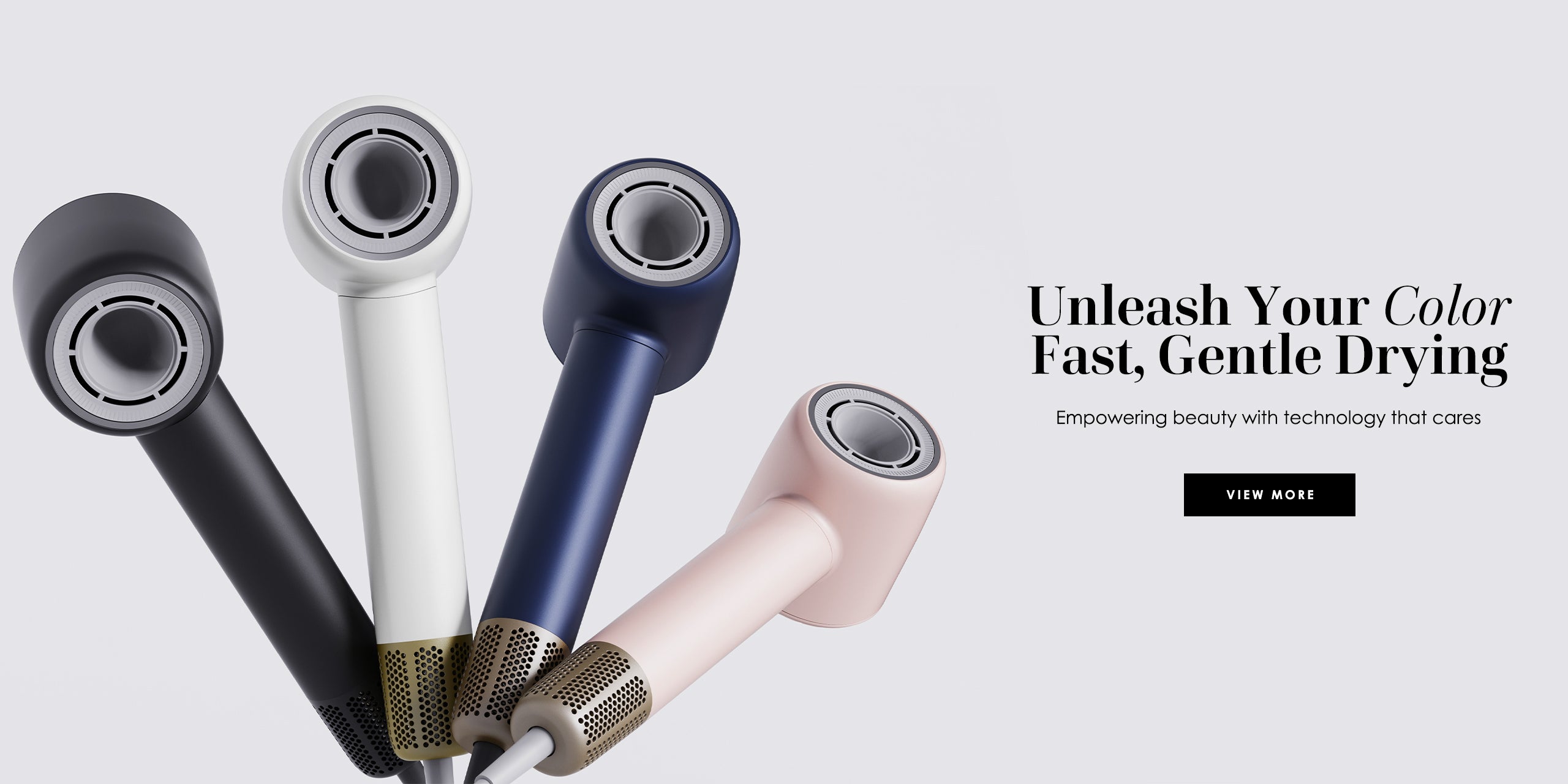 Vividreamore Velo Lite lightweight hair dryer with magnetic nozzle, multi-color design in black, white, navy, and pink, desktop banner with Unleash Your Color Fast Gentle Drying tagline